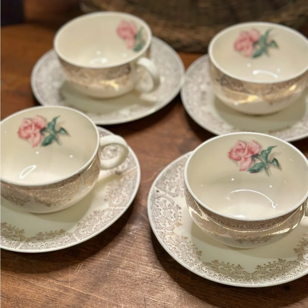 4 Liberty Gold Cup and Saucer Sets by Iva Lure Delmar Rose Crooksville USA